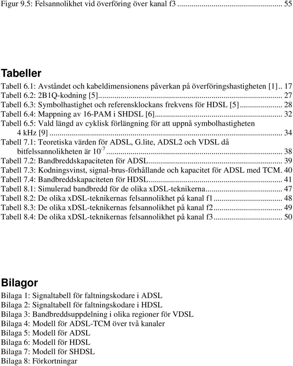 5: Vald längd av cyklisk förlängning för att uppnå symbolhastigheten khz [9]... 3 Tabell 7.: Teoretiska värden för ADSL, G.lite, ADSL och VDSL då bitfelssannolikheten är -7... 38 Tabell 7.