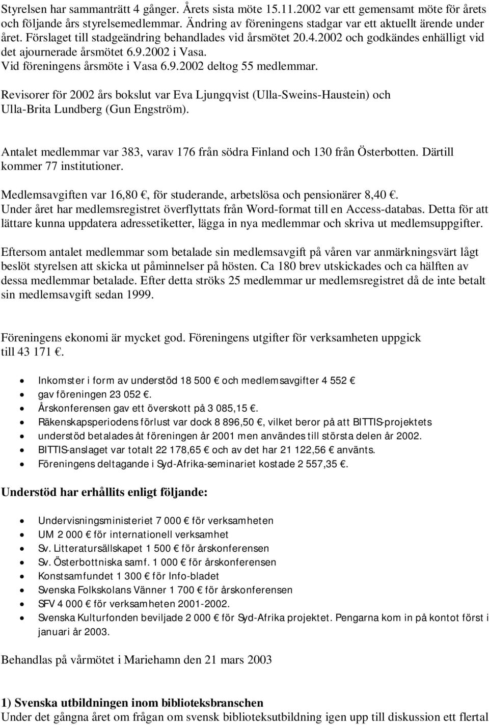 Revisorer för 2002 års bokslut var Eva Ljungqvist (Ulla-Sweins-Haustein) och Ulla-Brita Lundberg (Gun Engström). Antalet medlemmar var 383, varav 176 från södra Finland och 130 från Österbotten.