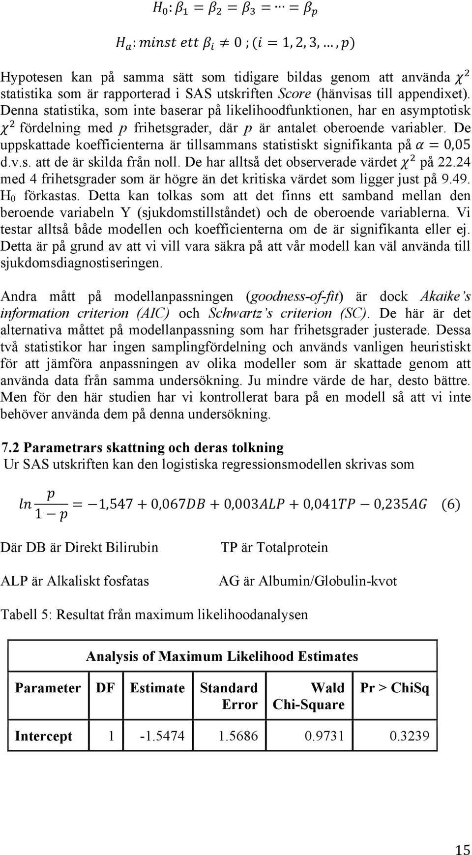 fördelning med p frihetsgrader, där p är antalet oberoende variabler. De uppskattade koefficienterna är tillsammans statistiskt signifikanta på α = 0,05 d.v.s. att de är skilda från noll.