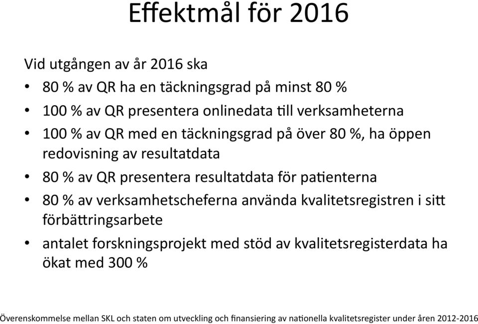 pa8enterna 80 % av verksamhetscheferna använda kvalitetsregistren i sim förbämringsarbete antalet forskningsprojekt med stöd av