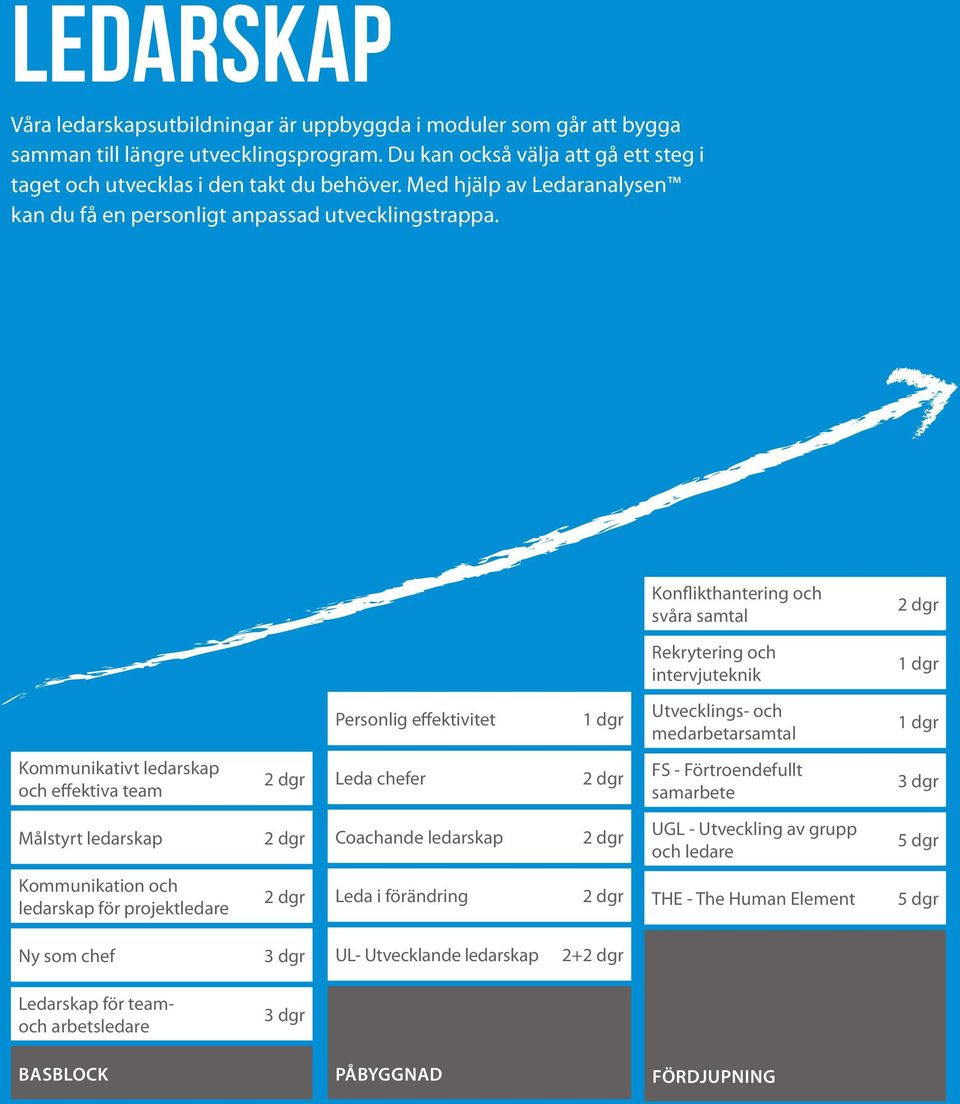 Konflikthantering och svåra samtal Rekrytering och intervjuteknik 1 dgr Personlig effektivitet 1 dgr Utvecklings- och medarbetarsamtal 1 dgr Kommunikativt ledarskap och effektiva team Leda chefer FS