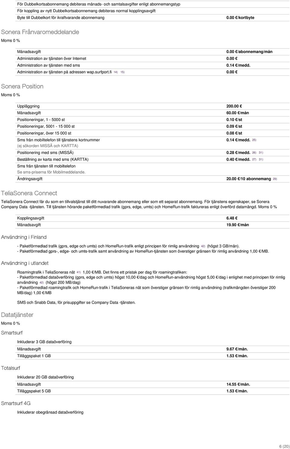 Administration av tjänsten på adressen wap.surfport.fi 14) 15) 0.00 Sonera Position Uppläggning 200.00 60.00 /mån Positioneringar, 1-5000 st 0.10 /st Positioneringar, 5001-15 000 st 0.