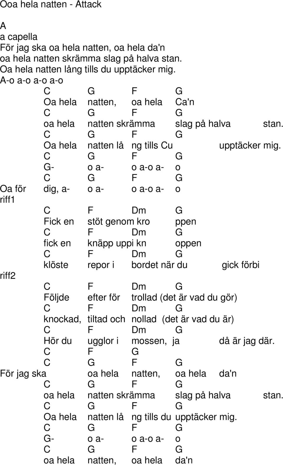 F - o a- o a-o a- o F Oa för dig, a- o a- o a-o a- o riff1 F m Fick en stöt genom kro ppen F m fick en knäpp uppi kn oppen F m klöste repor i bordet när du gick förbi riff2 F m Följde efter för