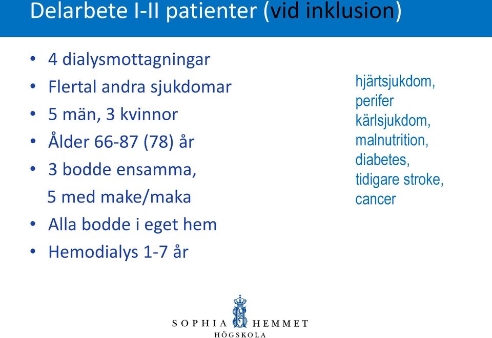 5 med make/maka Alla bodde i eget hem Hemodialys 1-7 år hjärtsjukdom,