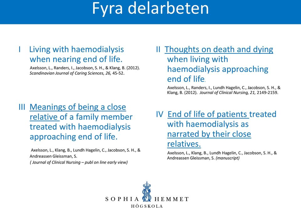 Journal of Clinical Nursing, 21, 2149-2159. III Meanings of being a close relative of a family member treated with haemodialysis approaching end of life. Axelsson, L., Klang, B., Lundh Hagelin, C.