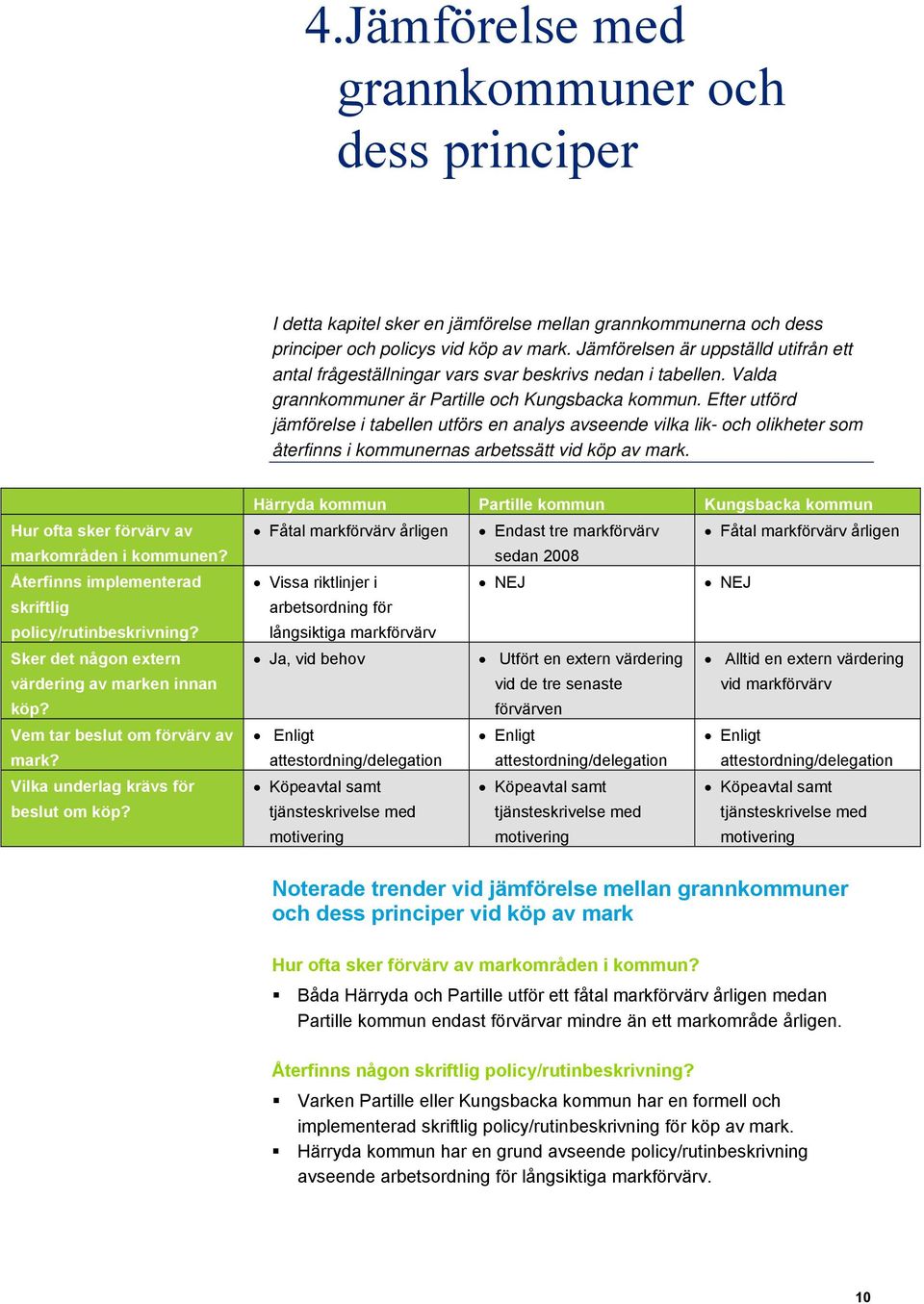 Efter utförd jämförelse i tabellen utförs en analys avseende vilka lik- och olikheter som återfinns i kommunernas arbetssätt vid köp av mark. Hur ofta sker förvärv av markområden i kommunen?