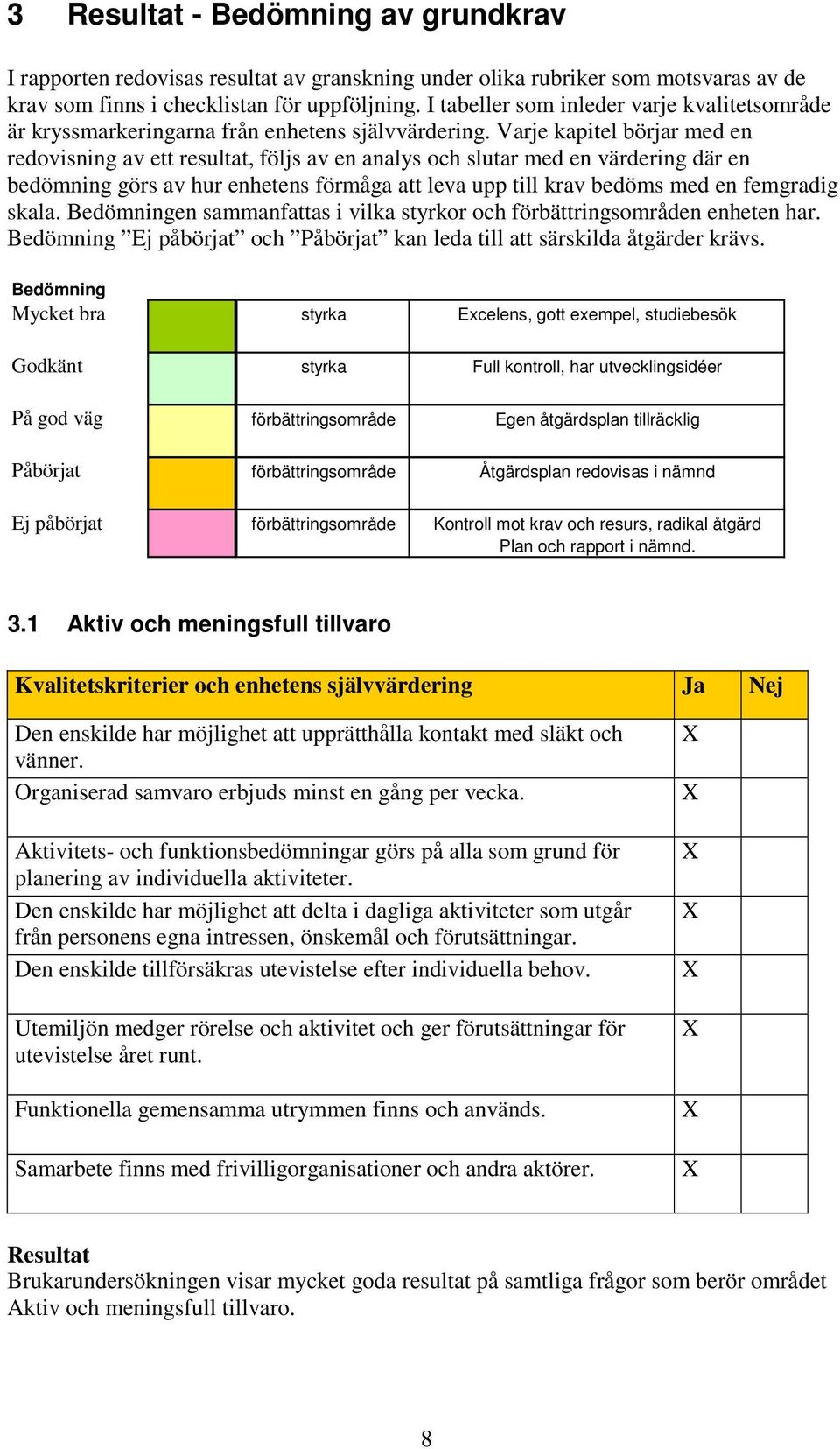 Varje kapitel börjar med en redovisning av ett resultat, följs av en analys och slutar med en värdering där en bedömning görs av hur enhetens förmåga att leva upp till krav bedöms med en femgradig