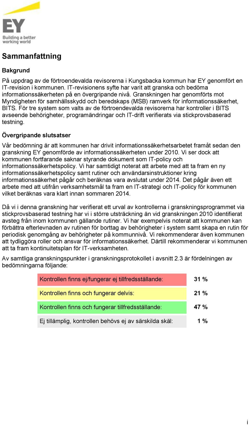 Granskningen har genomförts mot Myndigheten för samhällsskydd och beredskaps (MSB) ramverk för informationssäkerhet, BITS.