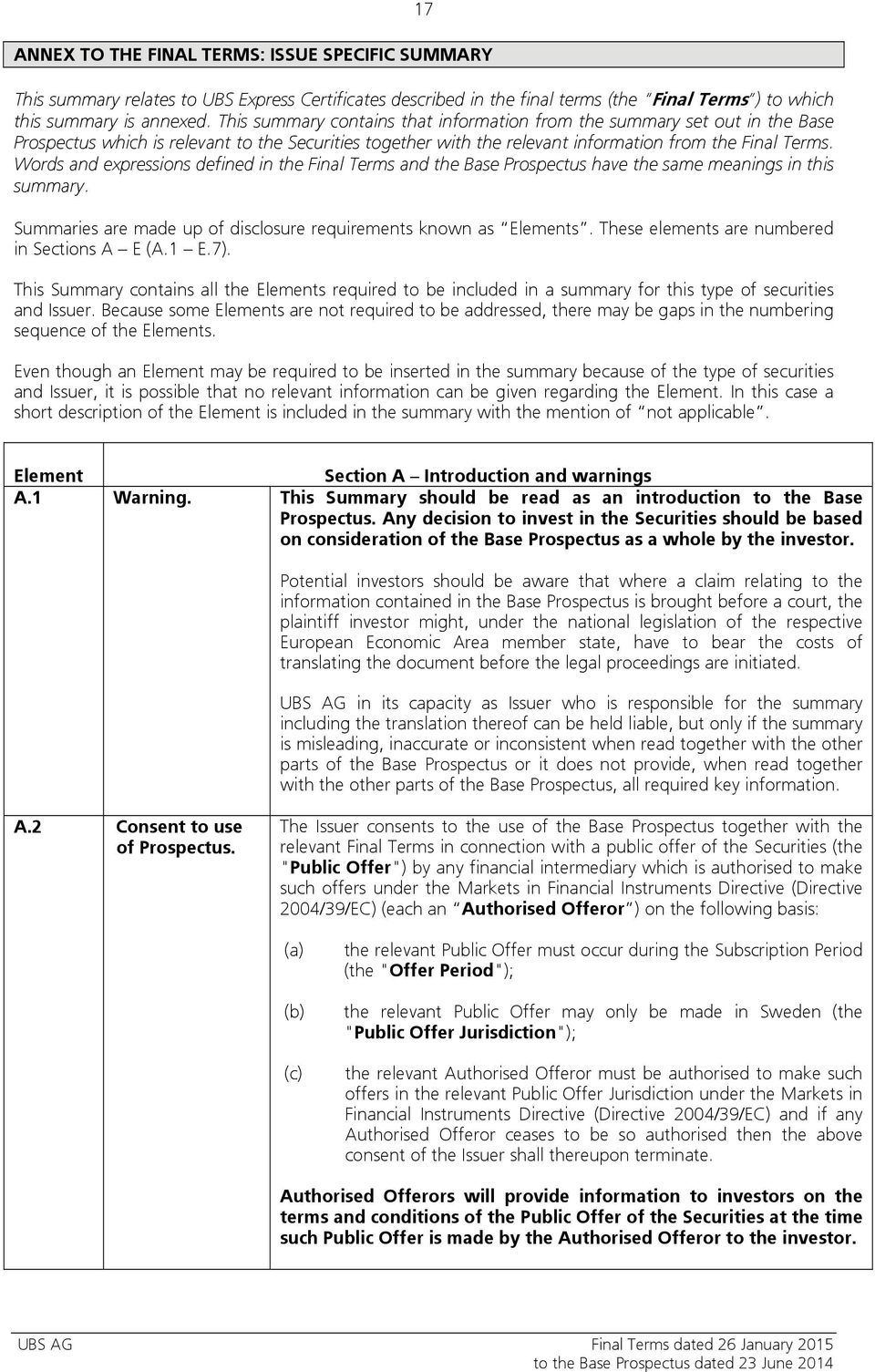 Words and expressions defined in the Final Terms and the Base Prospectus have the same meanings in this summary. Summaries are made up of disclosure requirements known as Elements.