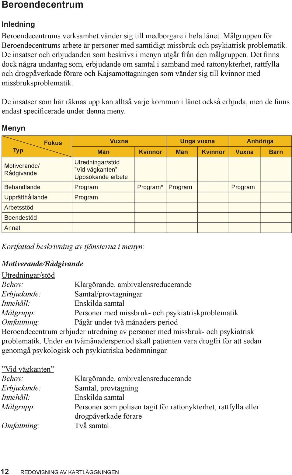 Det finns dock några undantag som, erbjudande om samtal i samband med rattonykterhet, rattfylla och drogpåverkade förare och Kajsamottagningen som vänder sig till kvinnor med missbruksproblematik.