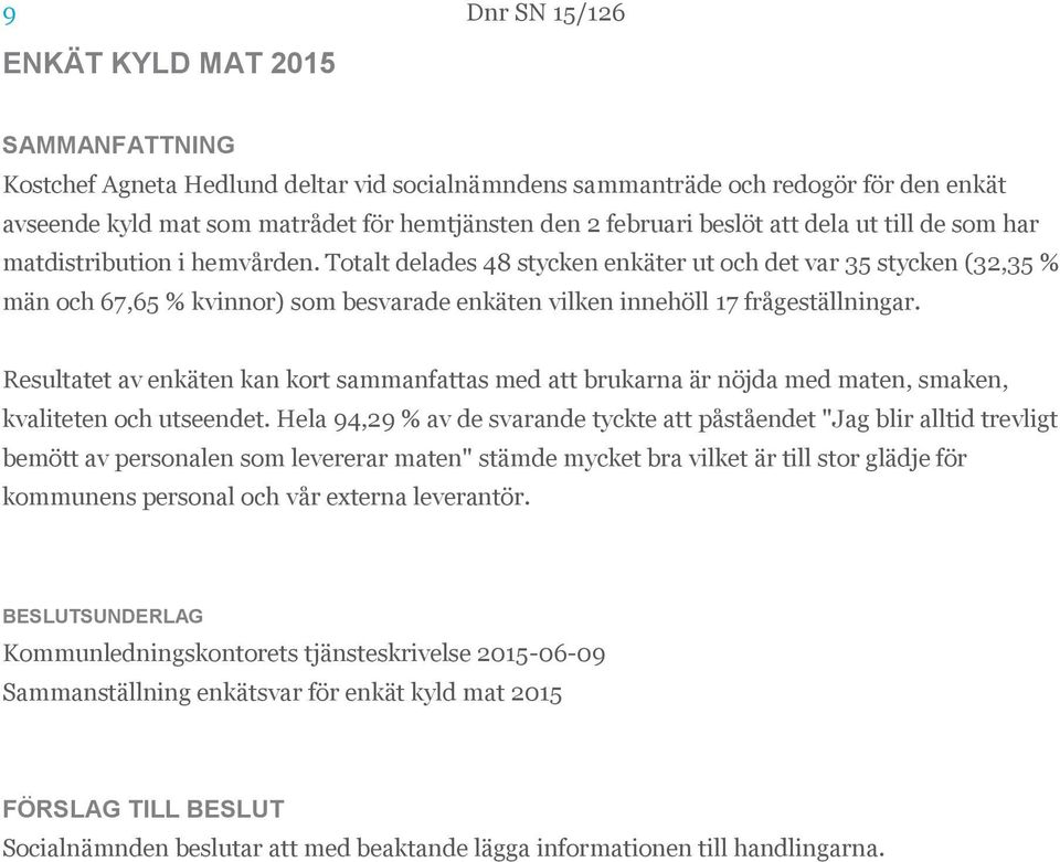 Totalt delades 48 stycken enkäter ut och det var 35 stycken (32,35 % män och 67,65 % kvinnor) som besvarade enkäten vilken innehöll 17 frågeställningar.