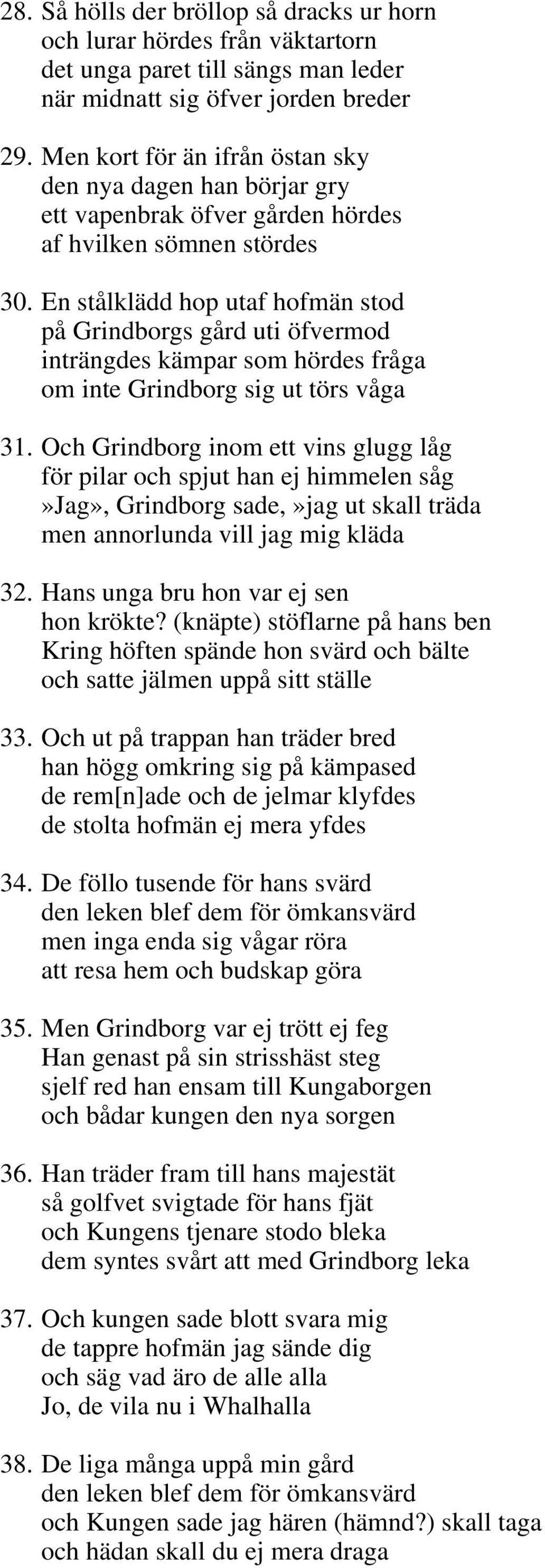 En stålklädd hop utaf hofmän stod på Grindborgs gård uti öfvermod inträngdes kämpar som hördes fråga om inte Grindborg sig ut törs våga 31.