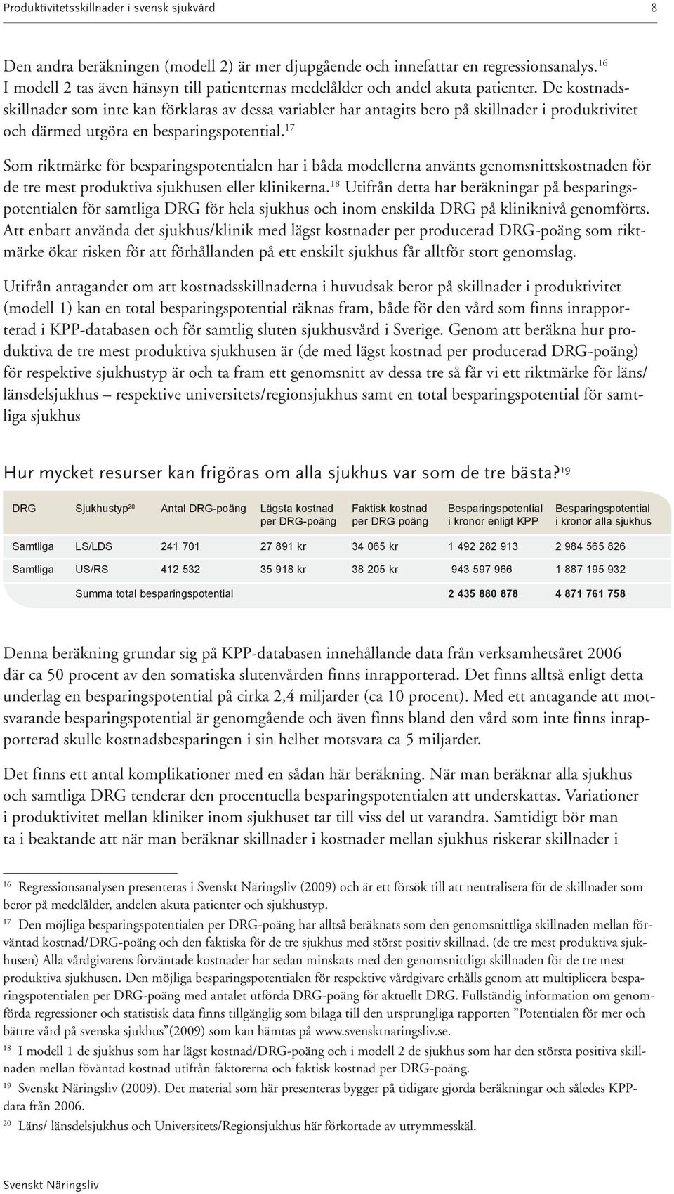 De kostnadsskillnader som inte kan förklaras av dessa variabler har antagits bero på skillnader i produktivitet och därmed utgöra en besparingspotential.