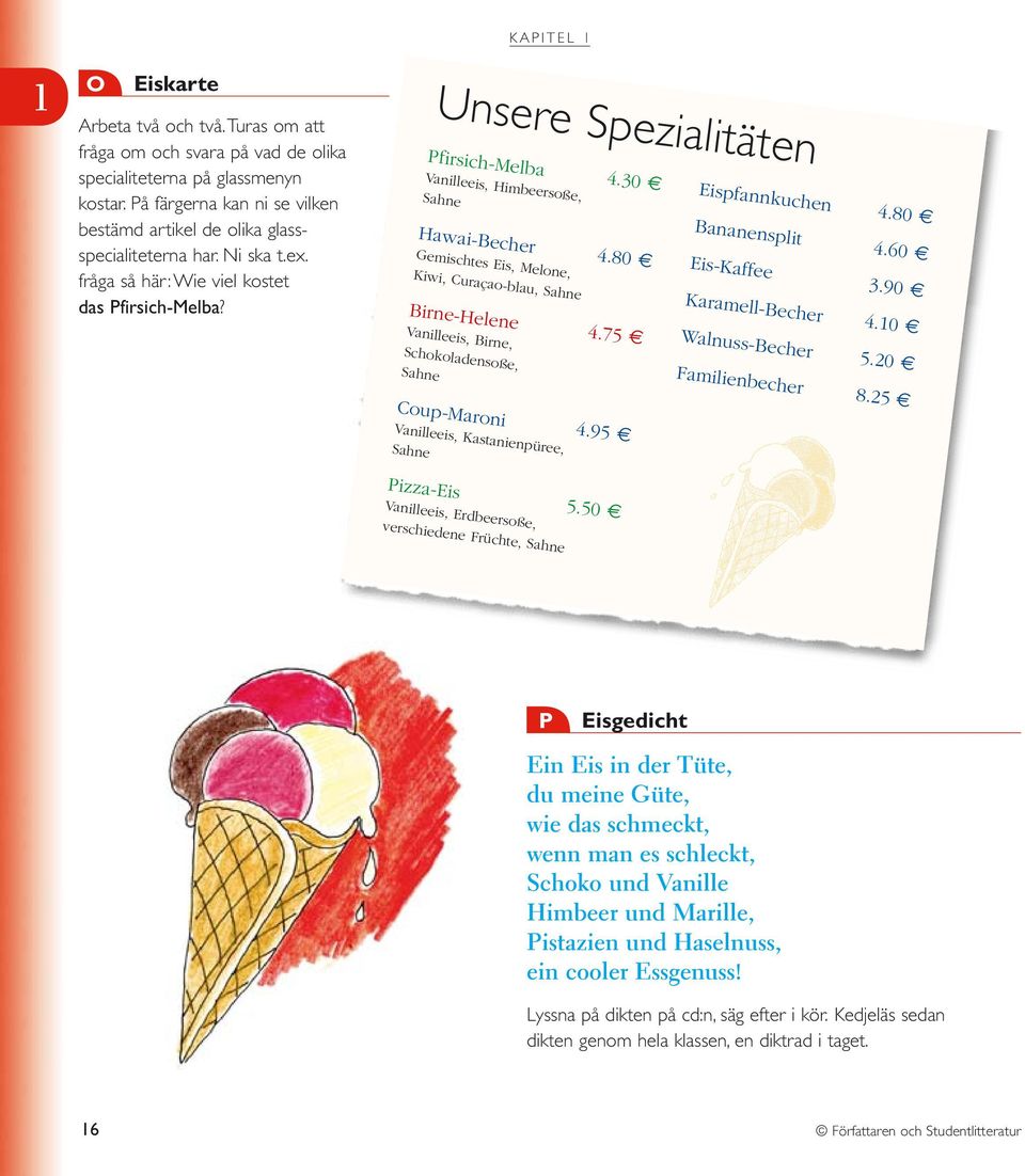 80 Gemischtes Eis, Melone, Kiwi, Curaçao-blau, Sahne Birne-Helene 4.75 Eispfannkuchen 4.80 Bananensplit 4.60 Eis-Kaffee 3.90 Karamell-Becher 4.