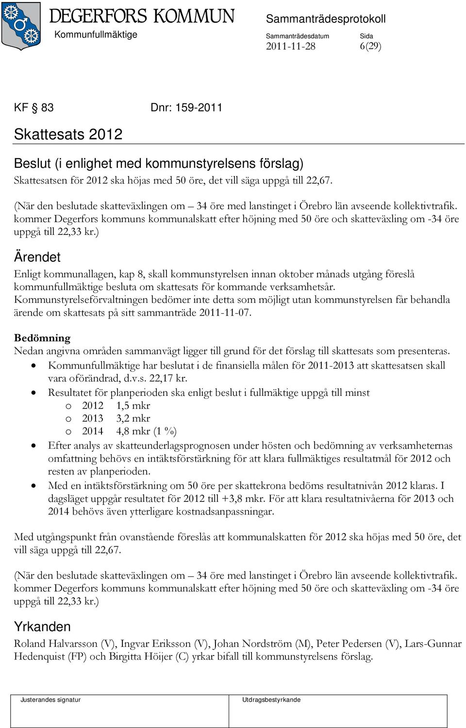 kommer Degerfors kommuns kommunalskatt efter höjning med 50 öre och skatteväxling om -34 öre uppgå till 22,33 kr.