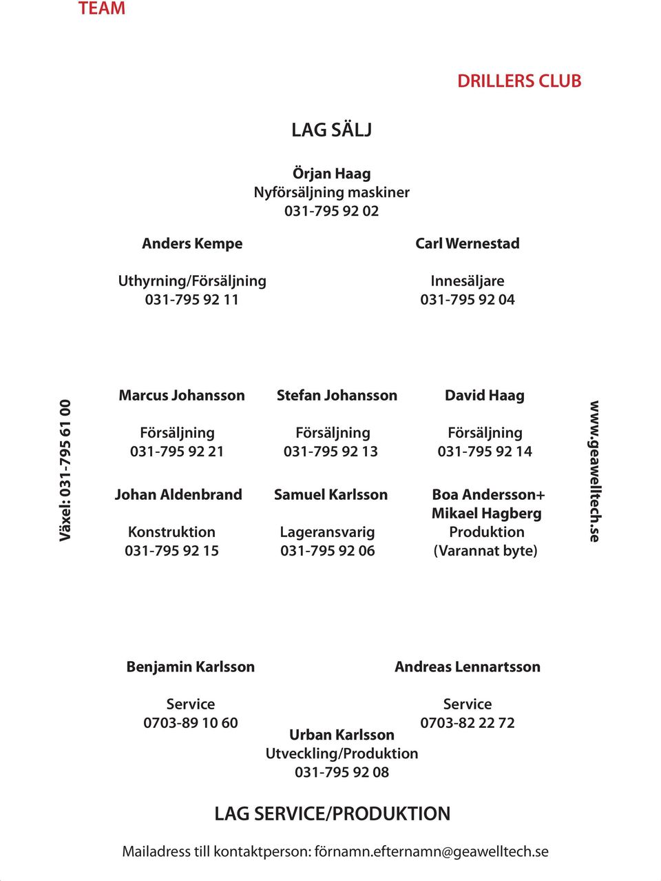 Försäljning Försäljning 031-795 92 21 031-795 92 13 031-795 92 14 Johan Aldenbrand Samuel Karlsson Boa Andersson+ Mikael Hagberg Konstruktion Lageransvarig Produktion 031-795