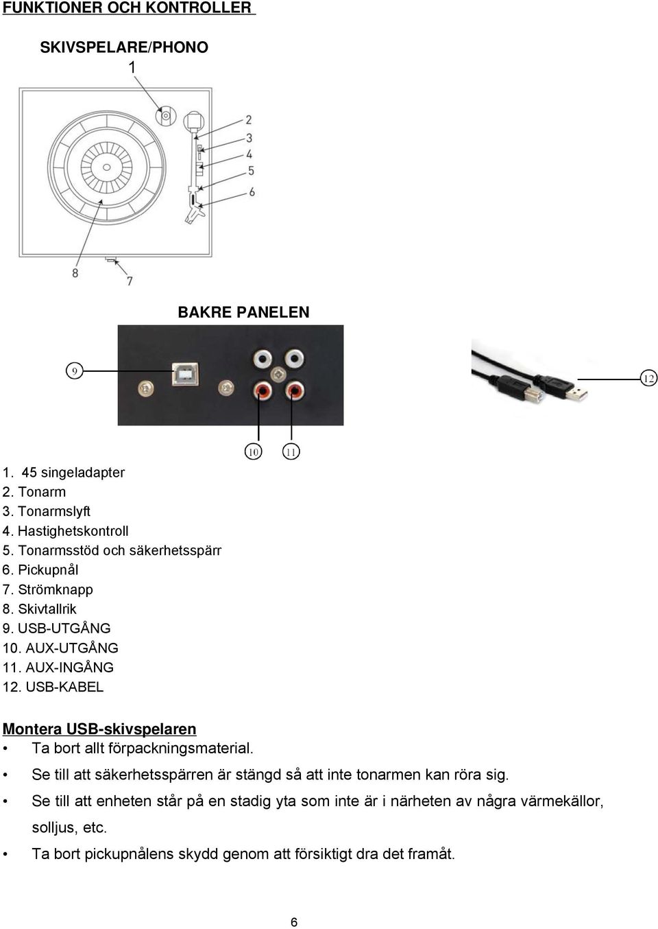 USB-KABEL Montera USB-skivspelaren Ta bort allt förpackningsmaterial.