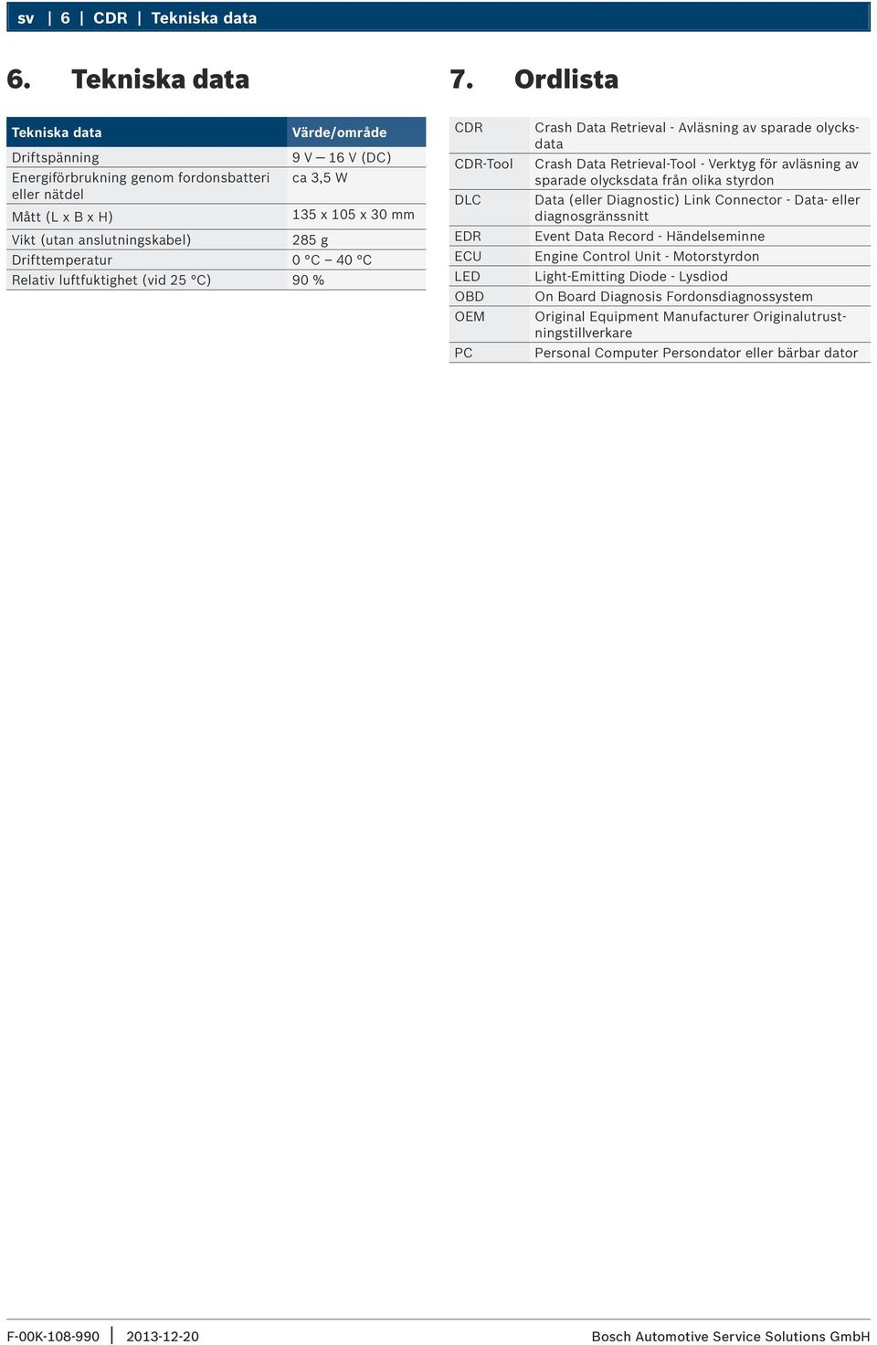 Drifttemperatur 0 C 40 C Relativ luftfuktighet (vid 25 C) 90 % CDR CDR-Tool DLC EDR ECU LED OBD OEM PC Crash Data Retrieval - Avläsning av sparade olycksdata Crash Data Retrieval-Tool - Verktyg för