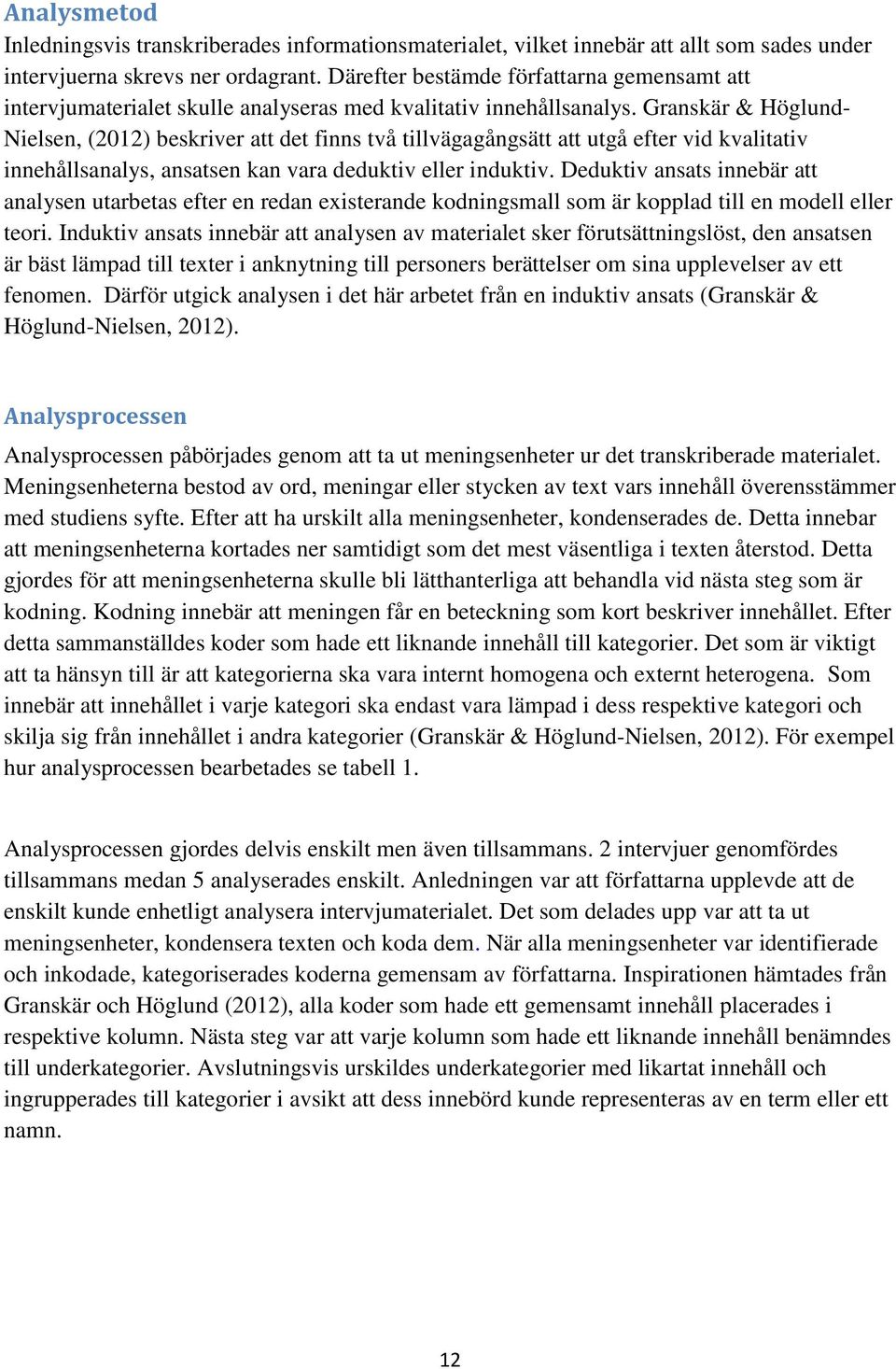 Granskär & Höglund- Nielsen, (2012) beskriver att det finns två tillvägagångsätt att utgå efter vid kvalitativ innehållsanalys, ansatsen kan vara deduktiv eller induktiv.