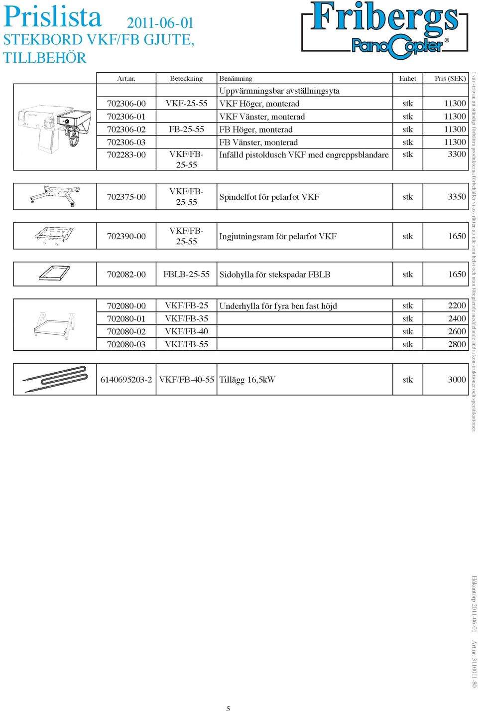 VKF stk 3350 Ingjutningsram för pelarfot VKF stk 1650 702082-00 FBLB-25-55 Sidohylla för stekspadar FBLB stk 1650 702080-00 VKF/FB-25 Underhylla för fyra ben fast höjd stk 2200 702080-01 VKF/FB-35