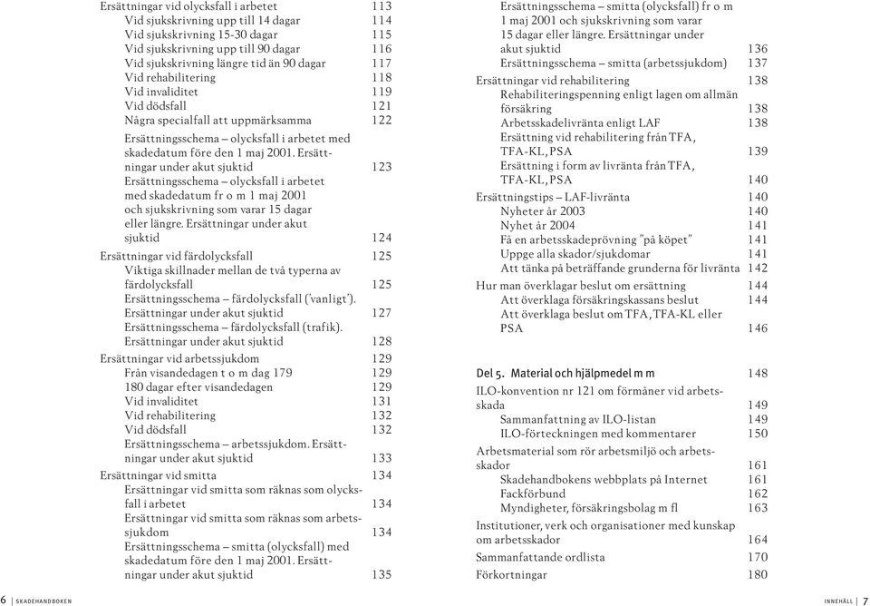 Ersättningar under akut sjuktid 123 Ersättningsschema olycksfall i arbetet med skadedatum fr o m 1 maj 2001 och sjukskrivning som varar 15 dagar eller längre.