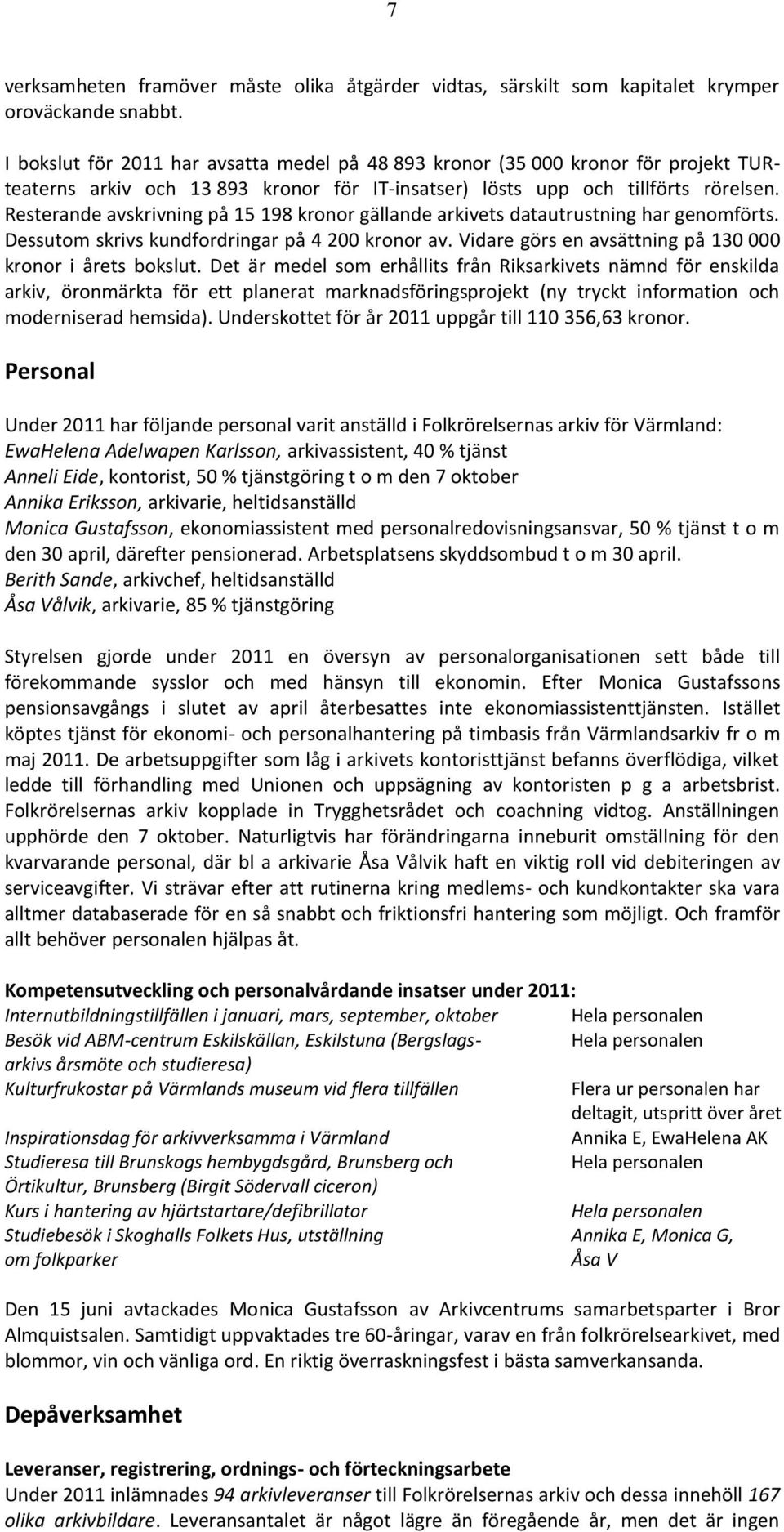 Resterande avskrivning på 15 198 kronor gällande arkivets datautrustning har genomförts. Dessutom skrivs kundfordringar på 4 200 kronor av. Vidare görs en avsättning på 130 000 kronor i årets bokslut.