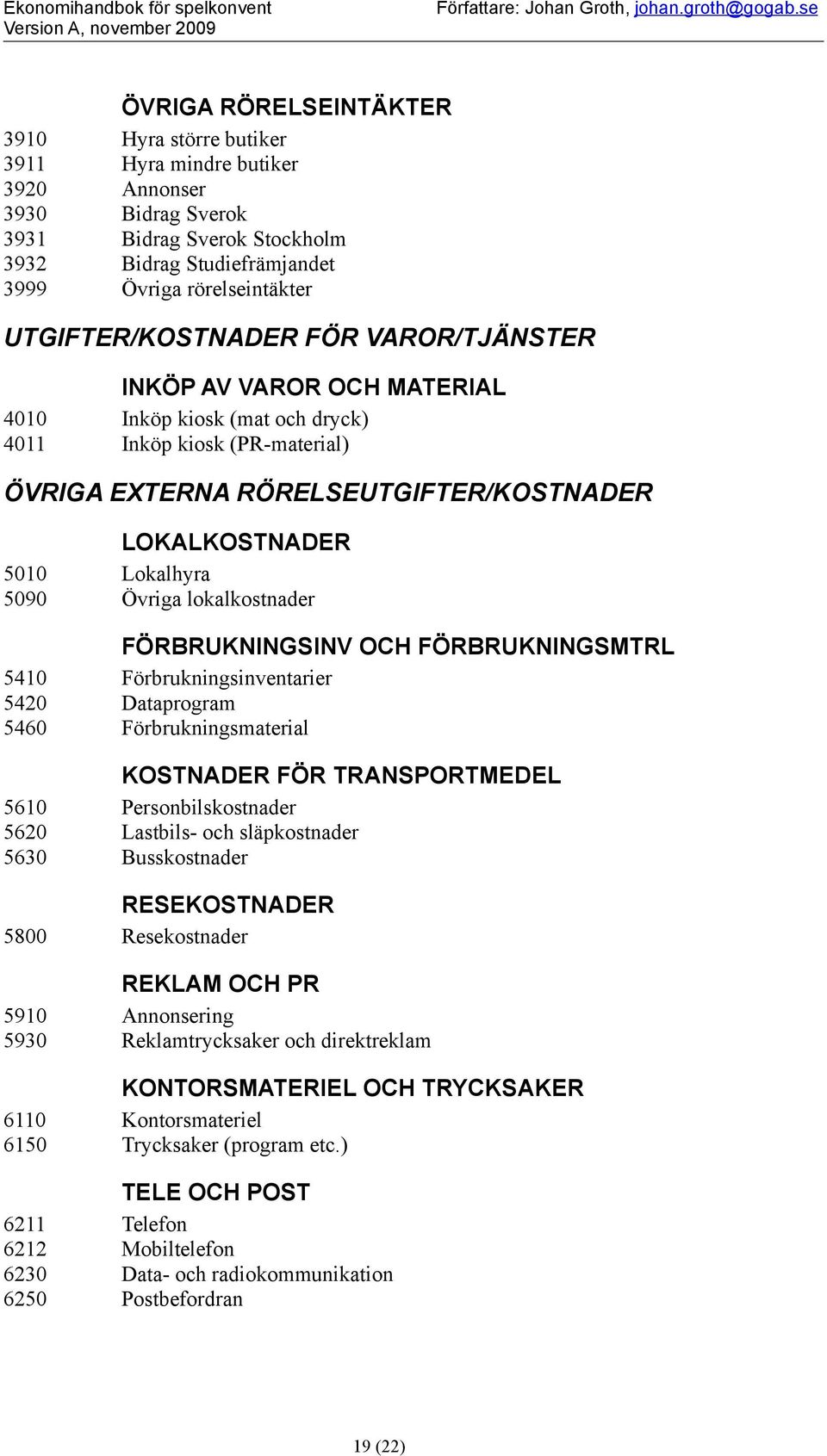UTGIFTER/KOSTNADER FÖR VAROR/TJÄNSTER INKÖP AV VAROR OCH MATERIAL 4010 Inköp kisk (mat ch dryck) 4011 Inköp kisk (PR-material) ÖVRIGA EXTERNA RÖRELSEUTGIFTER/KOSTNADER LOKALKOSTNADER 5010 Lkalhyra