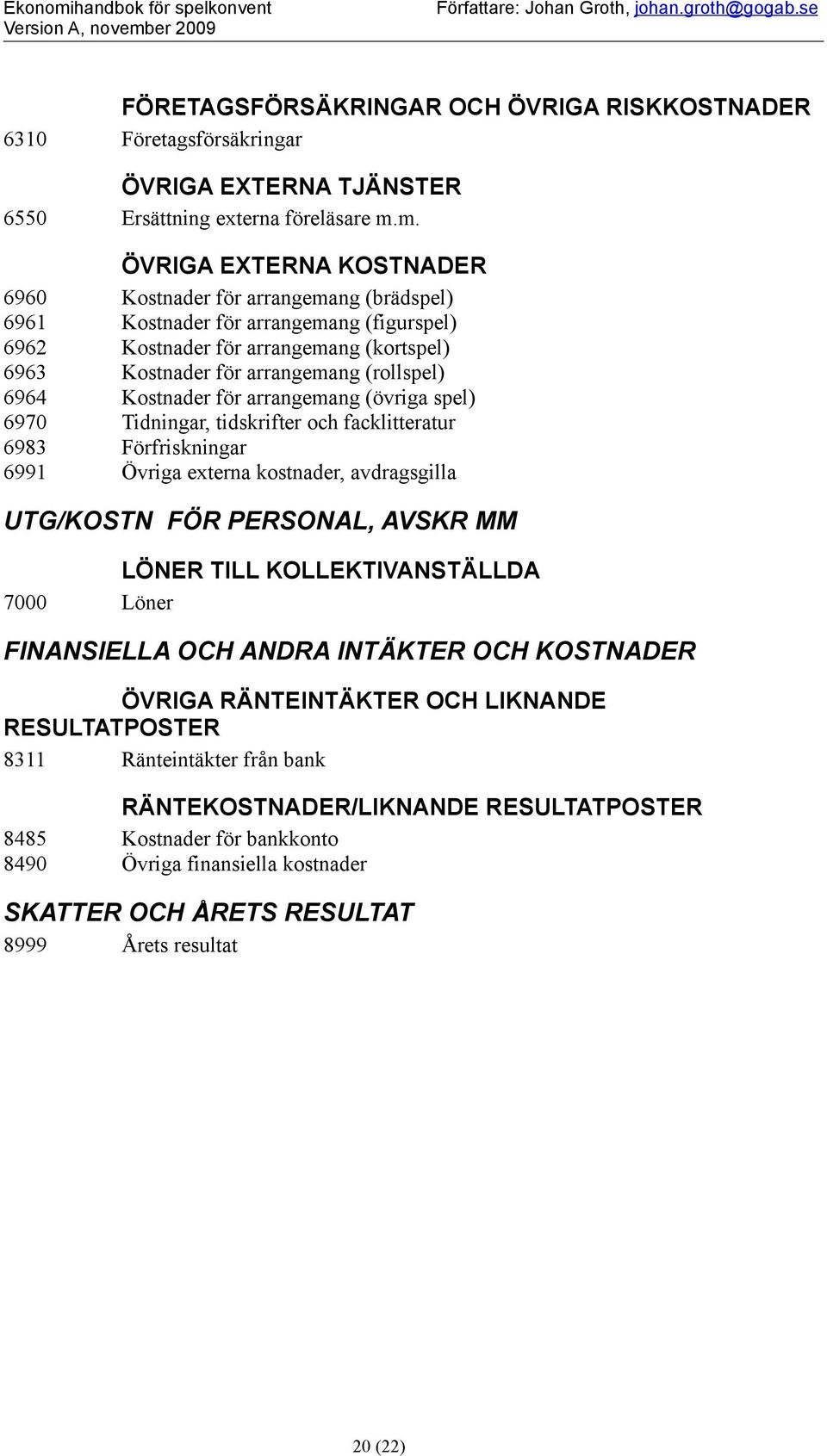 m. ÖVRIGA EXTERNA KOSTNADER 6960 Kstnader för arrangemang (brädspel) 6961 Kstnader för arrangemang (figurspel) 6962 Kstnader för arrangemang (krtspel) 6963 Kstnader för arrangemang (rllspel) 6964