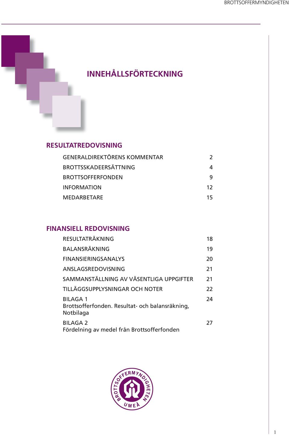 FINANSIERINGSANALYS 20 ANSLAGSREDOVISNING 21 SAMMANSTÄLLNING AV VÄSENTLIGA UPPGIFTER 21 TILLÄGGSUPPLYSNINGAR OCH NOTER