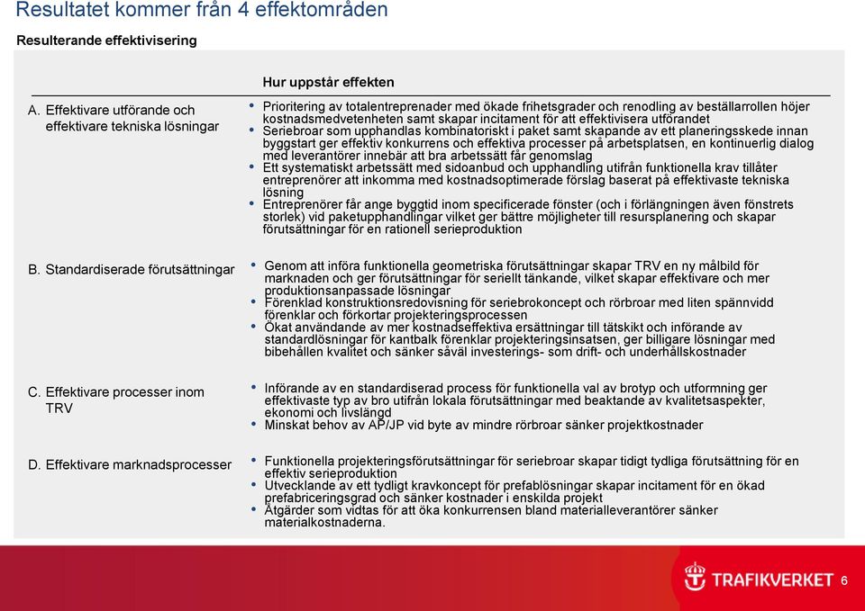 för att effektivisera utförandet Seriebroar som upphandlas kombinatoriskt i paket samt skapande av ett planeringsskede innan byggstart ger effektiv konkurrens och effektiva processer på