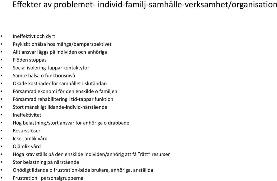 i tid-tappar funktion Stort mänskligt lidande-individ-närstående Ineffektivitet Hög belastning/stort ansvar för anhöriga o drabbade Resursslöseri Icke-jämlik vård Ojämlik vård Höga krav