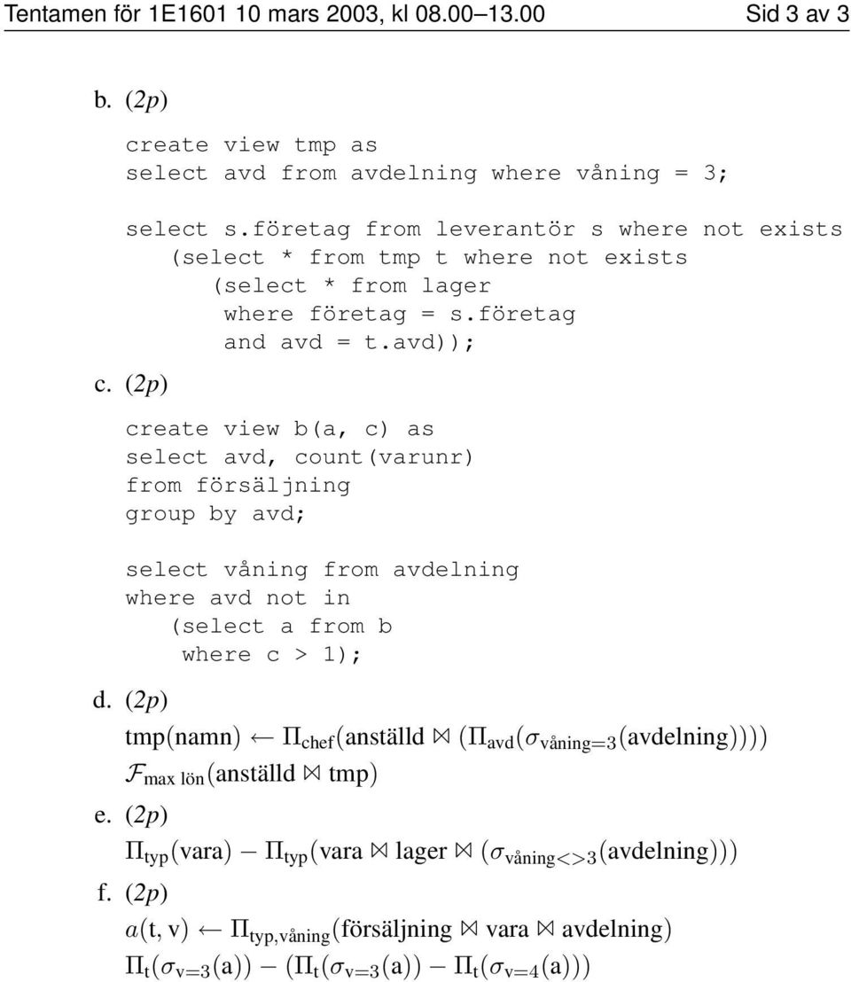 (2p) create view b(a, c) as select avd, count(varunr) from försäljning group by avd; select våning from avdelning where avd not in (select a from b where c > 1); d.