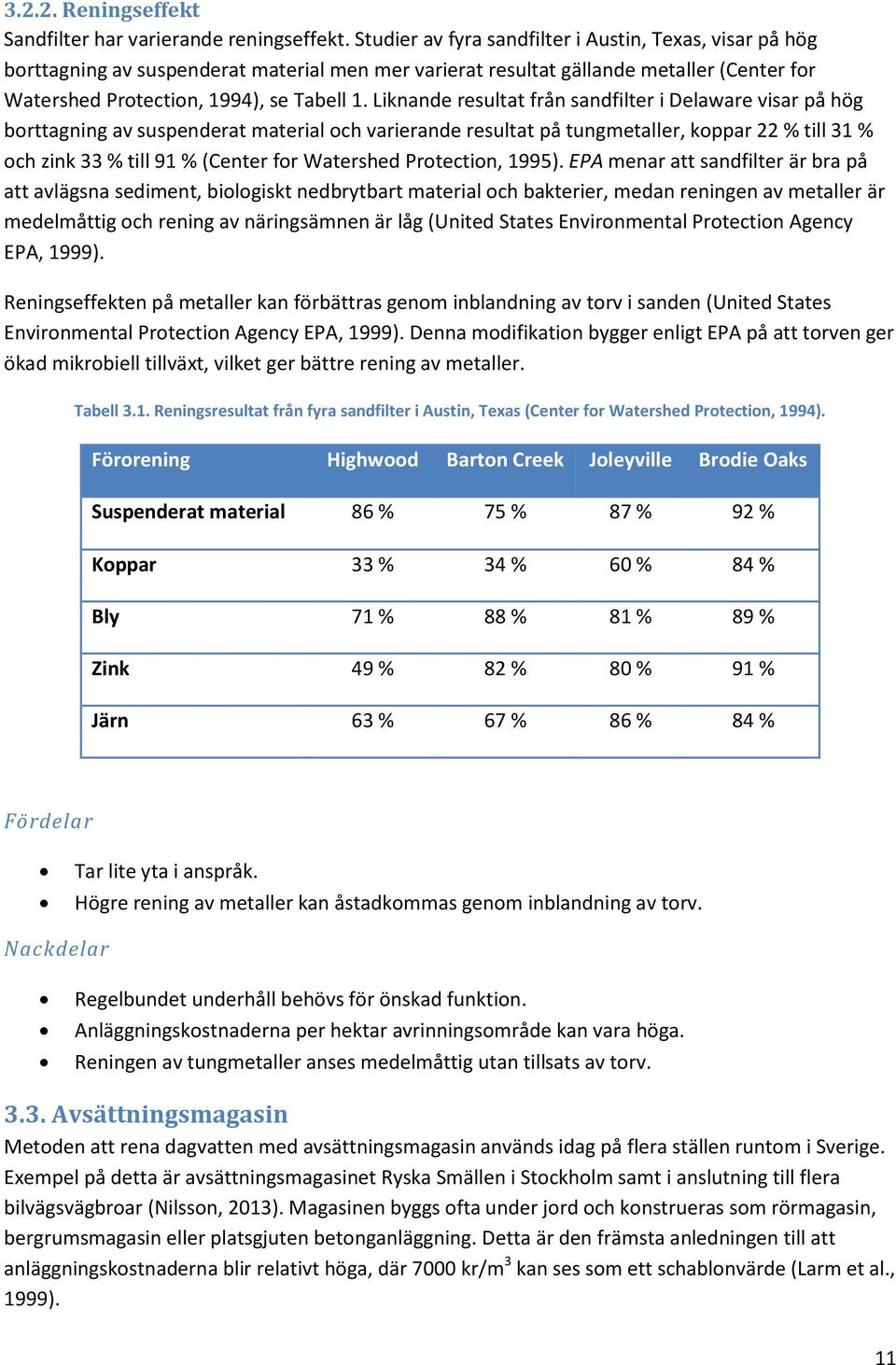 Liknande resultat från sandfilter i Delaware visar på hög borttagning av suspenderat material och varierande resultat på tungmetaller, koppar 22 % till 31 % och zink 33 % till 91 % (Center for