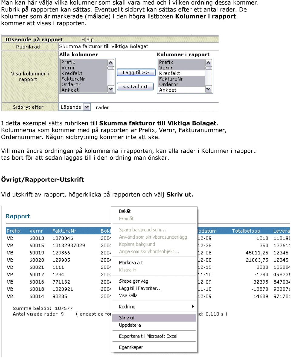 I detta exempel sätts rubriken till Skumma fakturor till Viktiga Bolaget. Kolumnerna som kommer med på rapporten är Prefix, Vernr, Fakturanummer, Ordernummer.