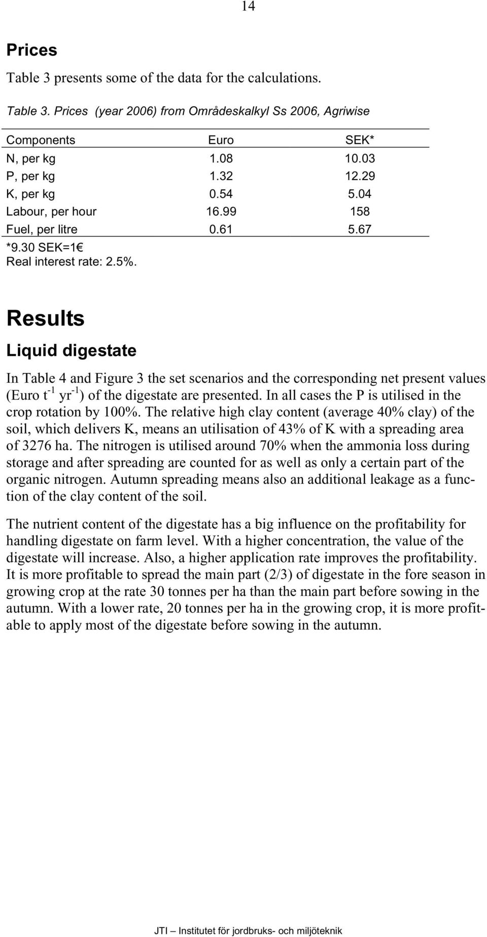 Results Liquid digestate In Table 4 and Figure 3 the set scenarios and the corresponding net present values (Euro t -1 yr -1 ) of the digestate are presented.