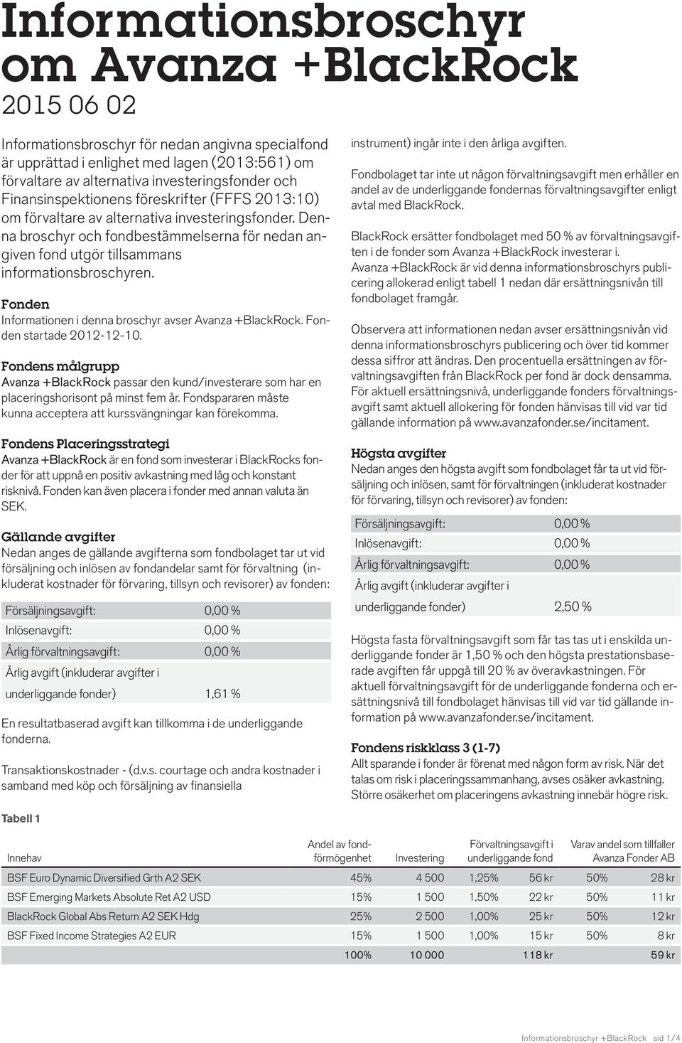 Denna broschyr och fondbestämmelserna för nedan angiven fond utgör tillsammans informationsbroschyren. Fonden Informationen i denna broschyr avser Avanza +BlackRock. Fonden startade 2012-12-10.