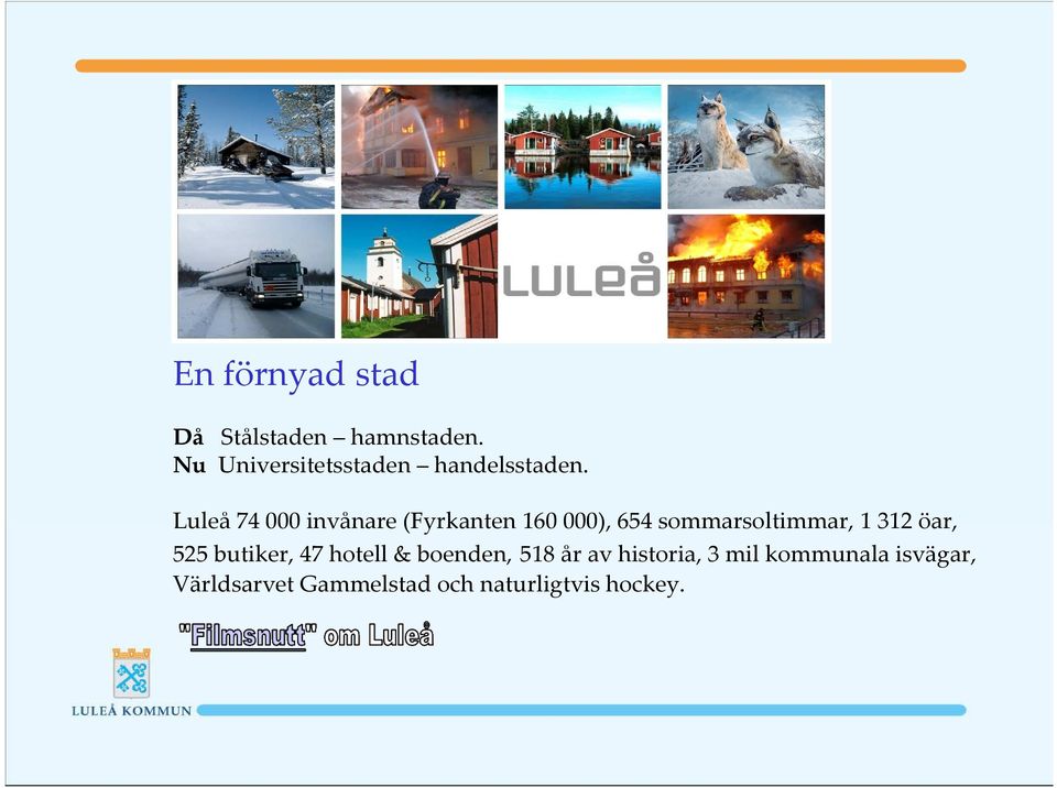 Luleå74 000 invånare (Fyrkanten 160 000), 654 sommarsoltimmar, 1 312