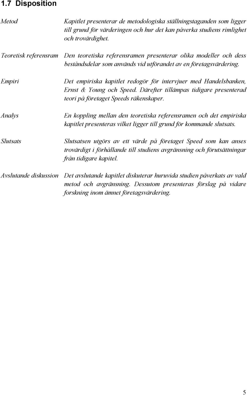 Empiri Analys Slutsats Det empiriska kapitlet redogör för intervjuer med Handelsbanken, Ernst & Young och Speed. Därefter tillämpas tidigare presenterad teori på företaget Speeds räkenskaper.