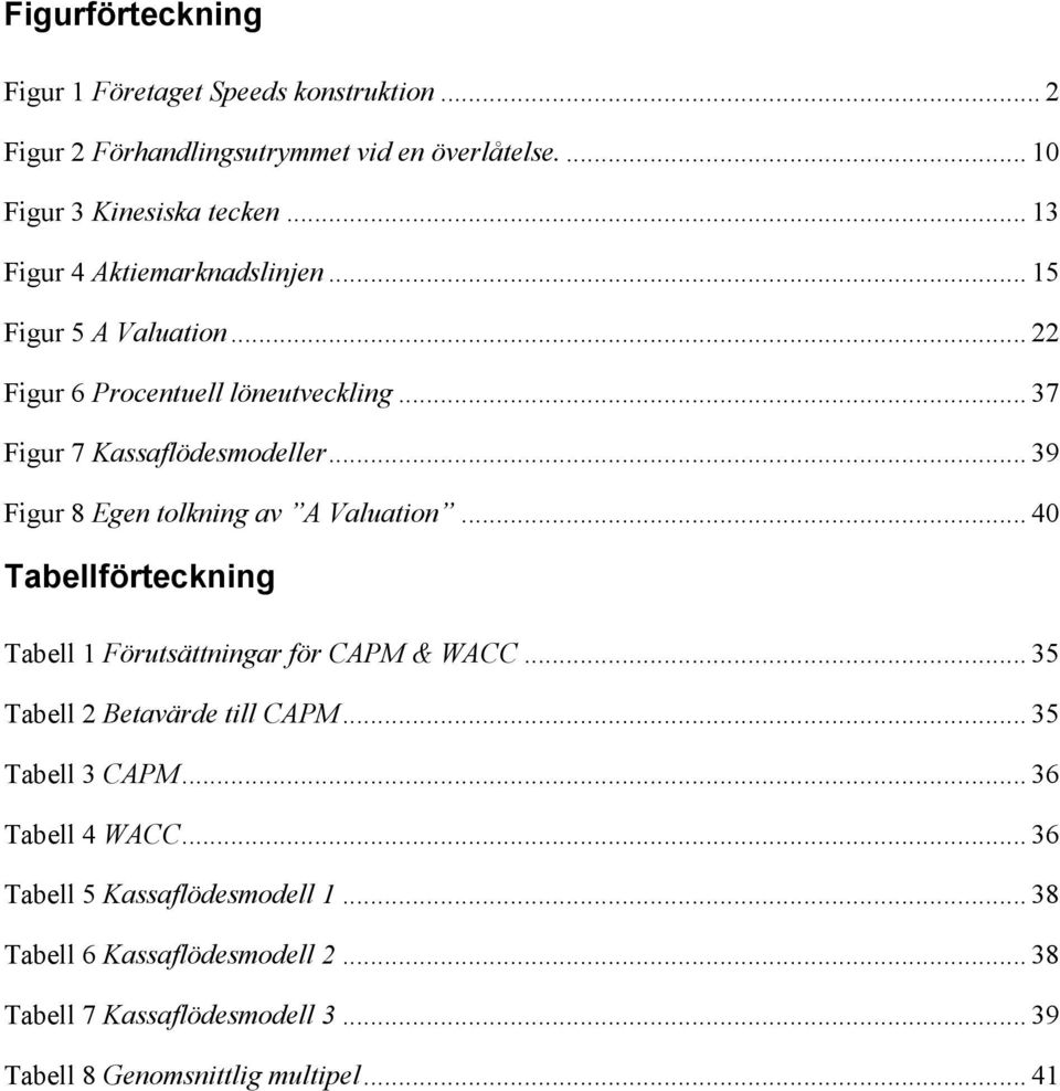 .. 39 Figur 8 Egen tolkning av A Valuation... 40 Tabellförteckning Tabell 1 Förutsättningar för CAPM & WACC... 35 Tabell 2 Betavärde till CAPM.