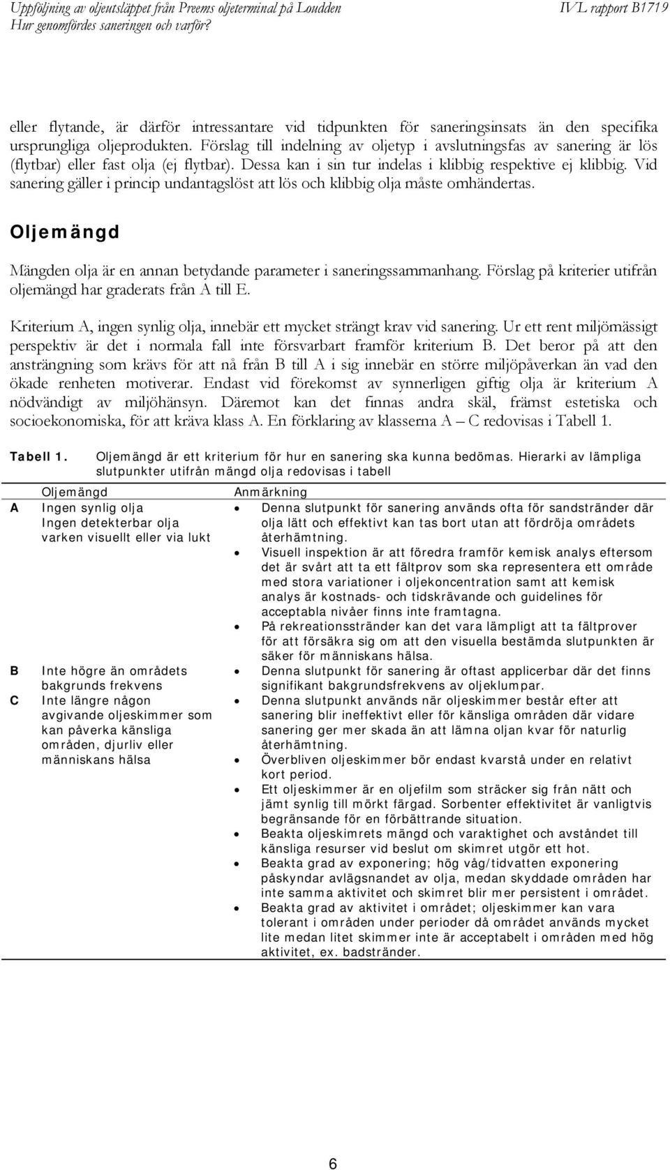 Vid sanering gäller i princip undantagslöst att lös och klibbig olja måste omhändertas. Oljemängd Mängden olja är en annan betydande parameter i saneringssammanhang.