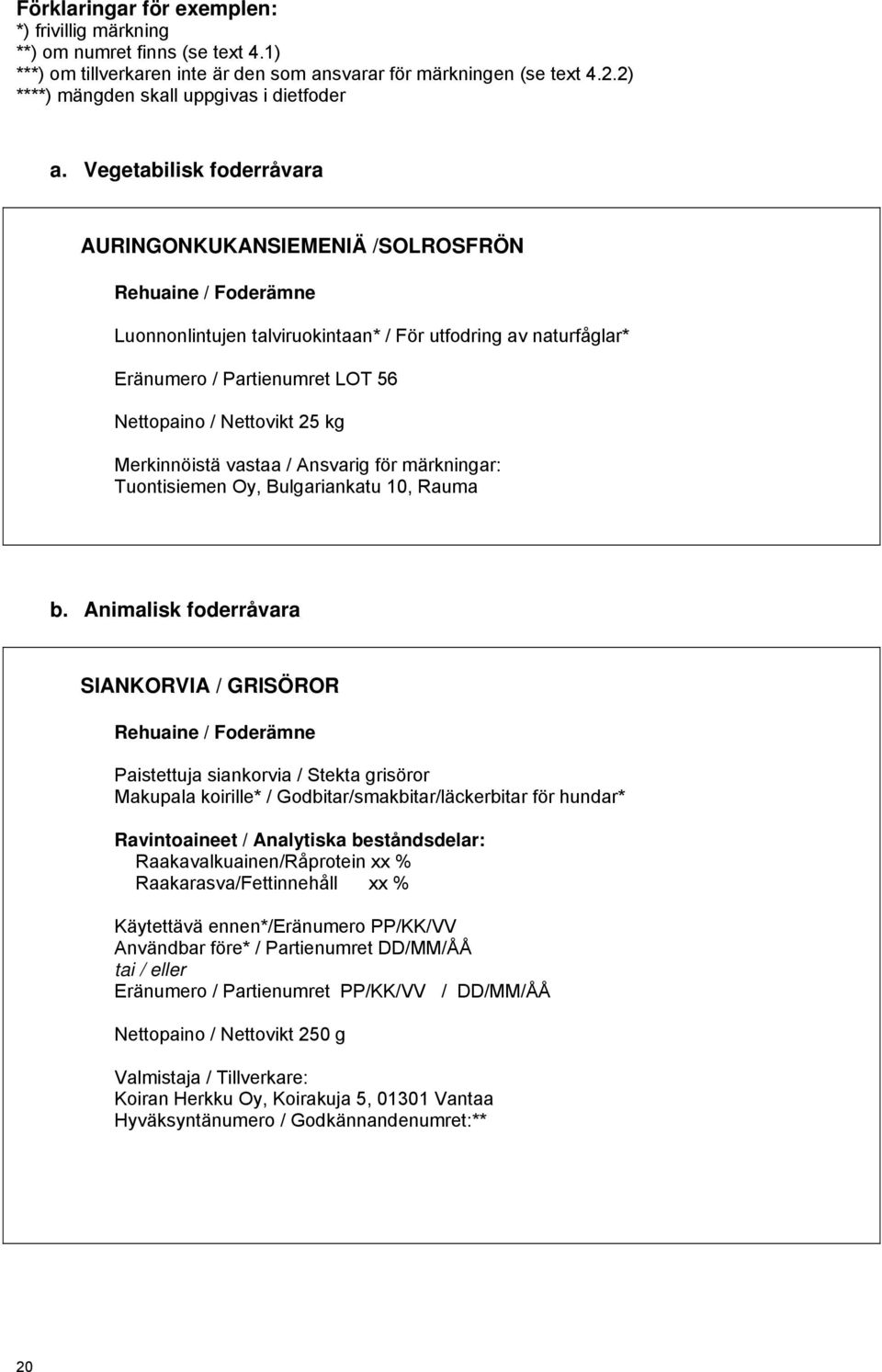 Vegetabilisk foderråvara AURINGONKUKANSIEMENIÄ /SOLROSFRÖN Rehuaine / Foderämne Luonnonlintujen talviruokintaan* / För utfodring av naturfåglar* Eränumero / Partienumret LOT 56 Nettopaino / Nettovikt