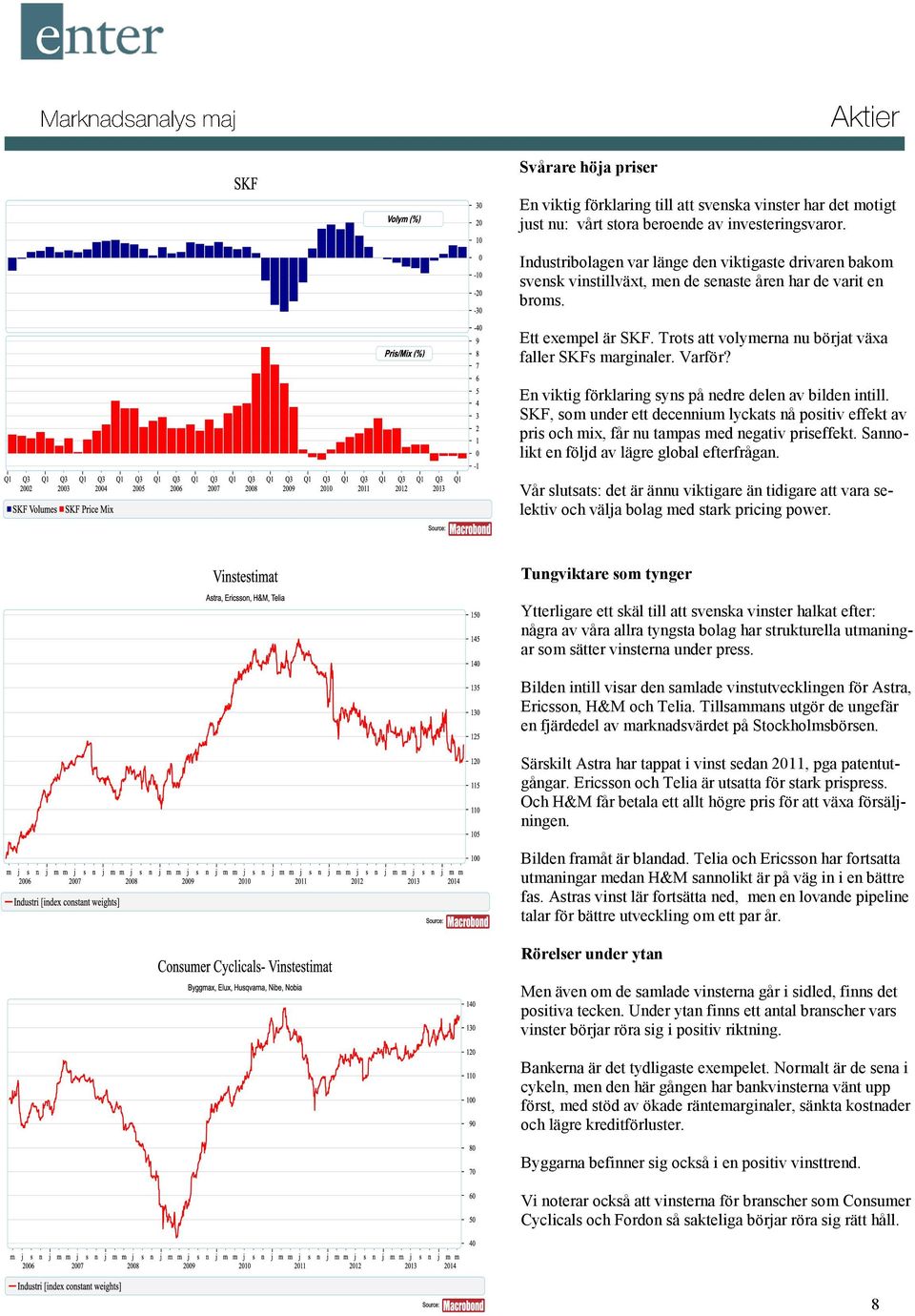 Varför? En viktig förklaring syns på nedre delen av bilden intill. SKF, som under ett decennium lyckats nå positiv effekt av pris och mix, får nu tampas med negativ priseffekt.