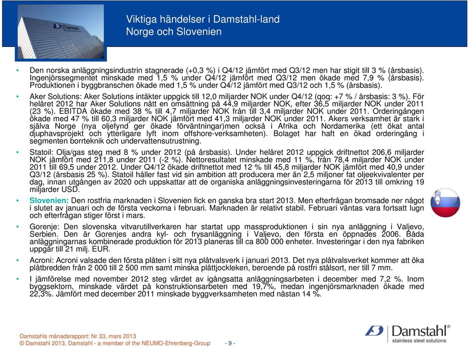 Aker Solutions: Aker Solutions intäkter uppgick till 12,0 miljarder NOK under Q4/12 (qoq: +7 % / årsbasis: 3 %).