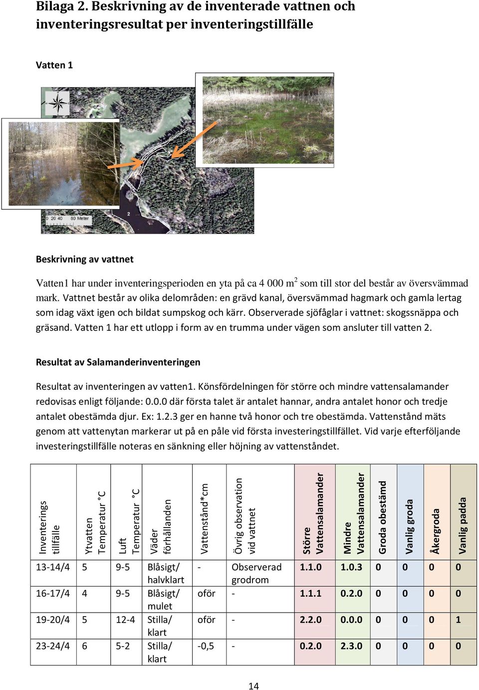 del består av översvämmad mark. Vattnet består av olika delområden: en grävd kanal, översvämmad hagmark och gamla lertag som idag växt igen och bildat sumpskog och kärr.