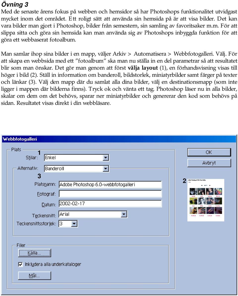 Man samlar ihop sina bilder i en mapp, väljer Arkiv > Automatisera > Webbfotogalleri. Välj.