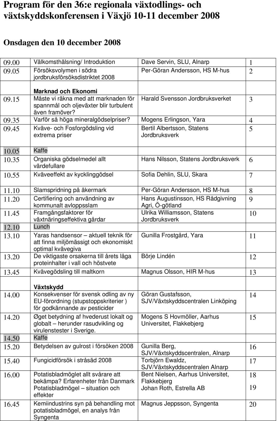 15 Måste vi räkna med att marknaden för Harald Svensson Jordbruksverket spannmål och oljeväxter blir turbulent 3 även framöver? 09.35 Varför så höga mineralgödselpriser? Mogens Erlingson, Yara 4 09.