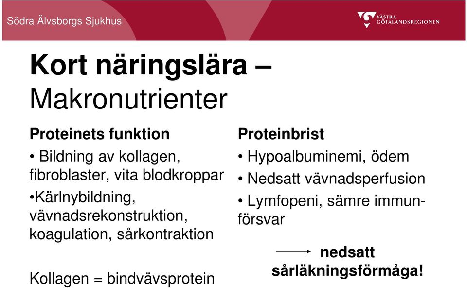 koagulation, sårkontraktion Kollagen = bindvävsprotein Proteinbrist