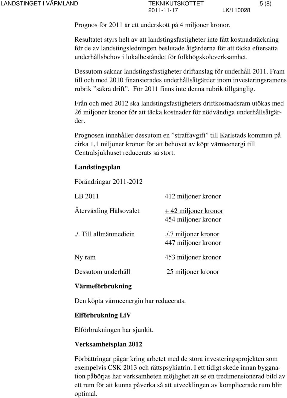 folkhögskoleverksamhet. Dessutom saknar landstingsfastigheter driftanslag för underhåll 2011. Fram till och med 2010 finansierades underhållsåtgärder inom investeringsramens rubrik säkra drift.