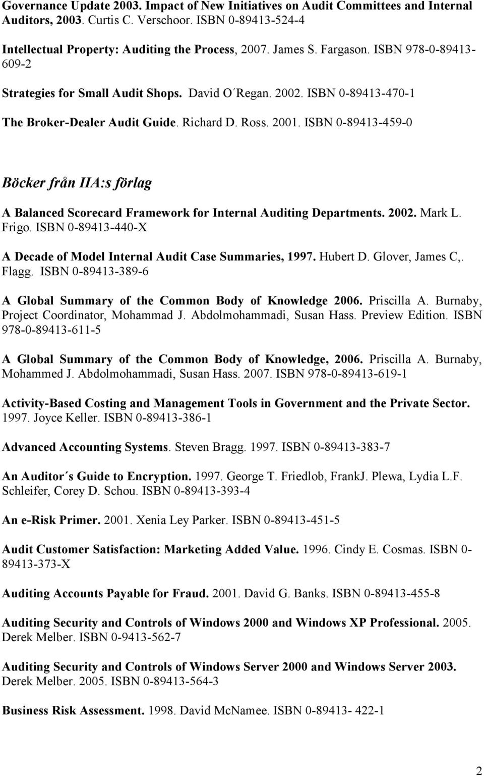 ISBN 0-89413-459-0 Böcker från IIA:s förlag A Balanced Scorecard Framework for Internal Auditing Departments. 2002. Mark L. Frigo.