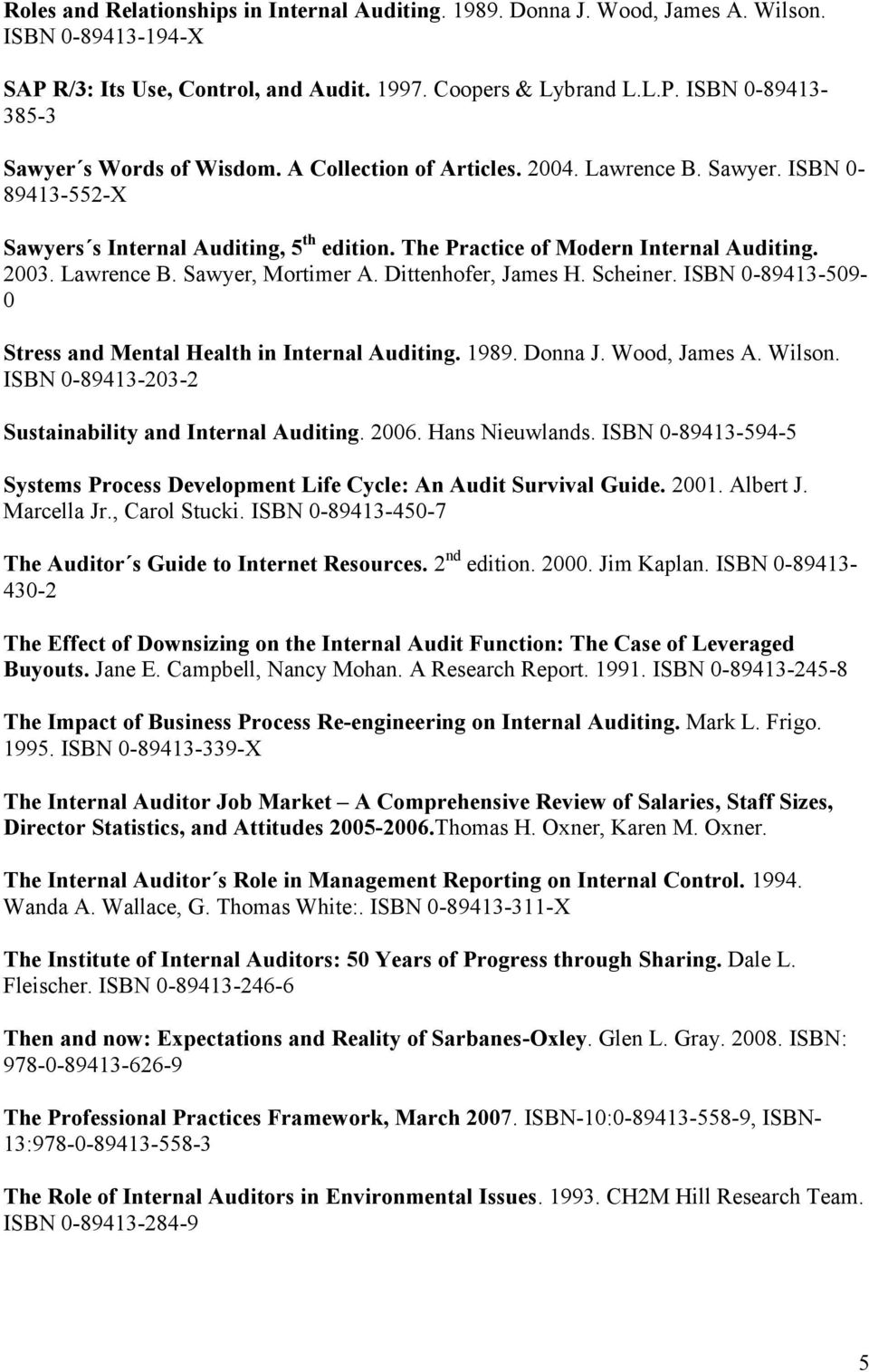 Dittenhofer, James H. Scheiner. ISBN 0-89413-509-0 Stress and Mental Health in Internal Auditing. 1989. Donna J. Wood, James A. Wilson. ISBN 0-89413-203-2 Sustainability and Internal Auditing. 2006.